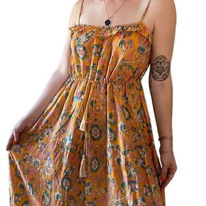 Pibita Marbella Womens Yellow Floral Spaghetti Strap Tropical Maxi Dress Sz M